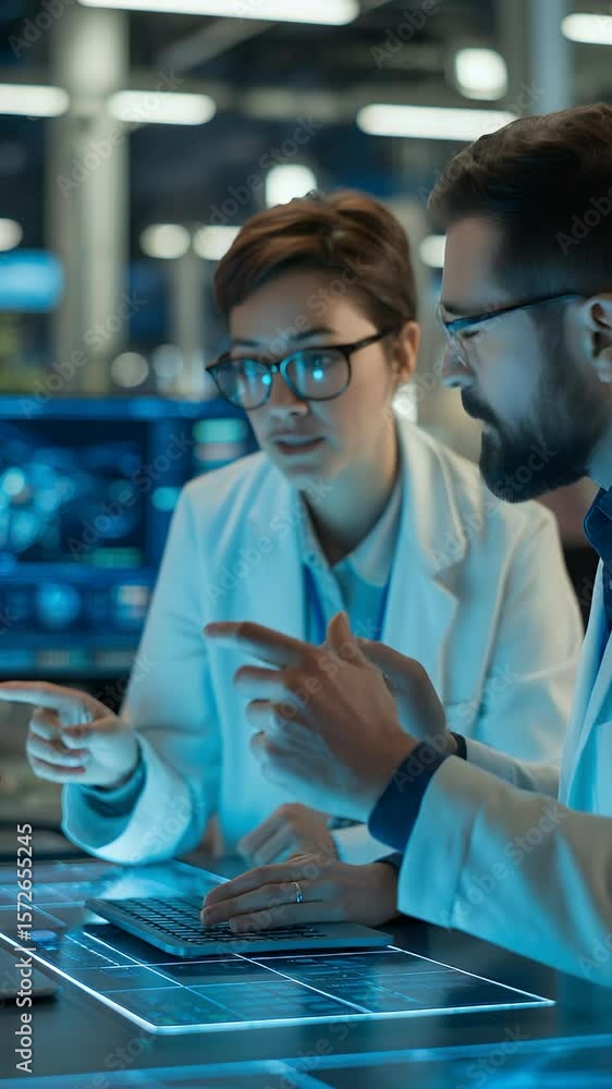 Poster science and collaboration: two focused scientists collaborate on a groundbreaking experiment, utiliz