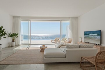 Fototapeta premium Elegant Ocean View Home – Open Concept Living Room with Clean Lines, Beige Sofa, and Mediterranean Feel