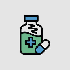Minimalist Icon Illustration of a Medicine Bottle and Capsule Seafoam Green and Light Blue Medical Graphic