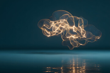 Abstract glowing brain representation floats above a reflective surface in an elegant, digital, artistic presentation.