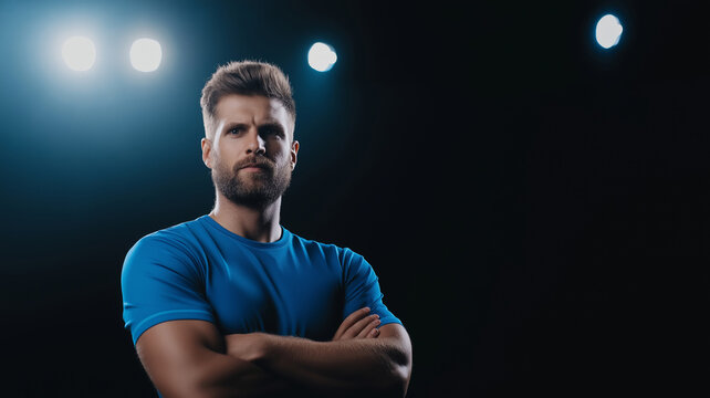 Confident coach standing with crossed arms, dramatic contrast lighting highlighting intense game preparation against neutral backdrop