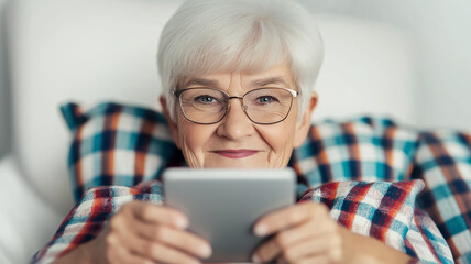 Cheerful elderly woman with eyeglasses using mobile phone, relaxing in bed with plaid blanket, enjoying online communication and social media
