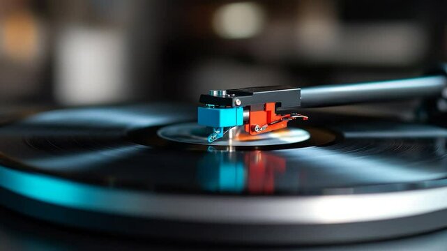 Vinyl record player with needle in action for music listening and entertainment