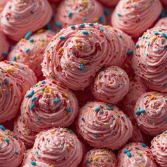 Colorful cake decorated with candy eggs surrounded by a vibrant candy landscape and mountains
