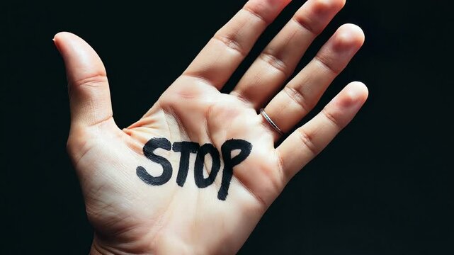 Hand showing the word stop written on palm with black marker, protesting against social issues like immigration raids and civil unrest