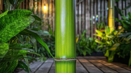 Immersive perspective showcasing the towering height and symmetry of vibrant bamboo plants, creating a serene and natural ambiance