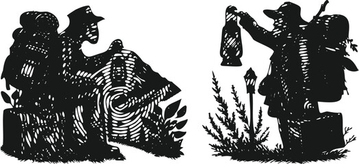  Heavy lined black vector bundle featuring a traveler with a lantern in hand, silhouette illustration design, adventure explorer concept, night journey artwork for creative graphic use