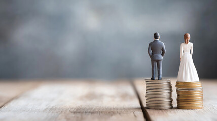 Miniature bride and groom figurines standing on separate stacks of coins, symbolizing a prenuptial agreement and financial independence in marriage