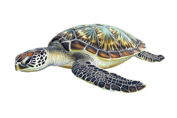 Side view of a sea turtle.  Detailed shell and flippers