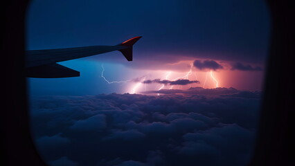View from the window of a passenger plane on the right, with lightning in a thunderstorm while flying in the sky