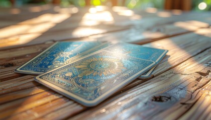 陽光が差し込むアンティークな木製テーブルの上に、神秘的なタロットカードが広げられています。カードの裏面は深い青色を基調とし、中央には太陽のような抽象的な模様が金色で描かれており、特定の象徴を強く主張しない洗練されたデザインです。柔らかな間接照明がカードとテーブルを優しく照らし、占いを行うための静かで集中できる雰囲気を作り出しています。