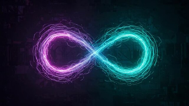 Digital infinity symbol made of glowing data streams, floating in dark tech space with cyberpunk aesthetics