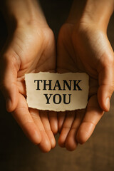 Two hands holding a piece of paper with the words thank