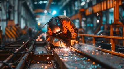 A worker in protective clothing performs welding work in an industrial workshop. Suitable for topics related to industry and production.