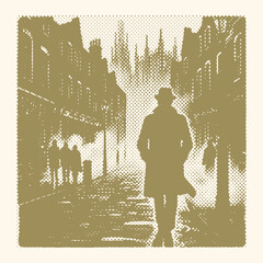  Vibrant Halftone Style Postal Stamp Vector of a Person Walking Through Foggy Street, Misty Urban Scene in Colorful Silhouette Design, Atmospheric Solitude Mood Illustration Art