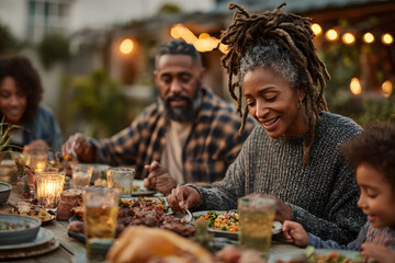 Black multi generation family eating at a table in garden
