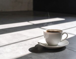 White Coffee Cup On Gray Table With Sunlight Shadows