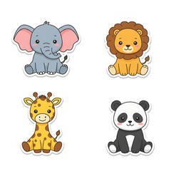 Obraz premium Cute Cartoon Animals: Elephant, Lion, Giraffe, and Panda Stickers on White Background