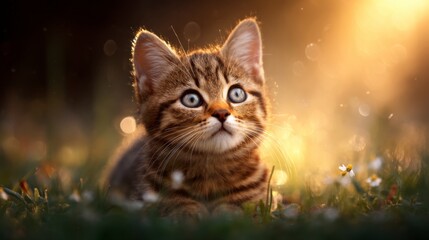 A curious tabby kitten with bright blue eyes lies in grass, bathed in warm golden sunlight with small white flowers nearby.