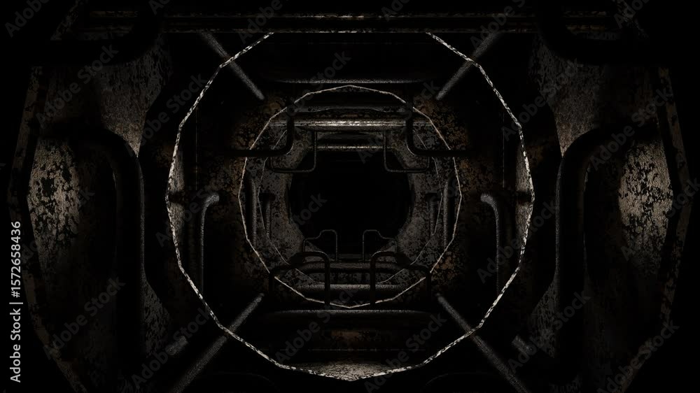 Poster camera fly forward inside dark gloomy tunnel with old rusty pipes. 3d render looped animation