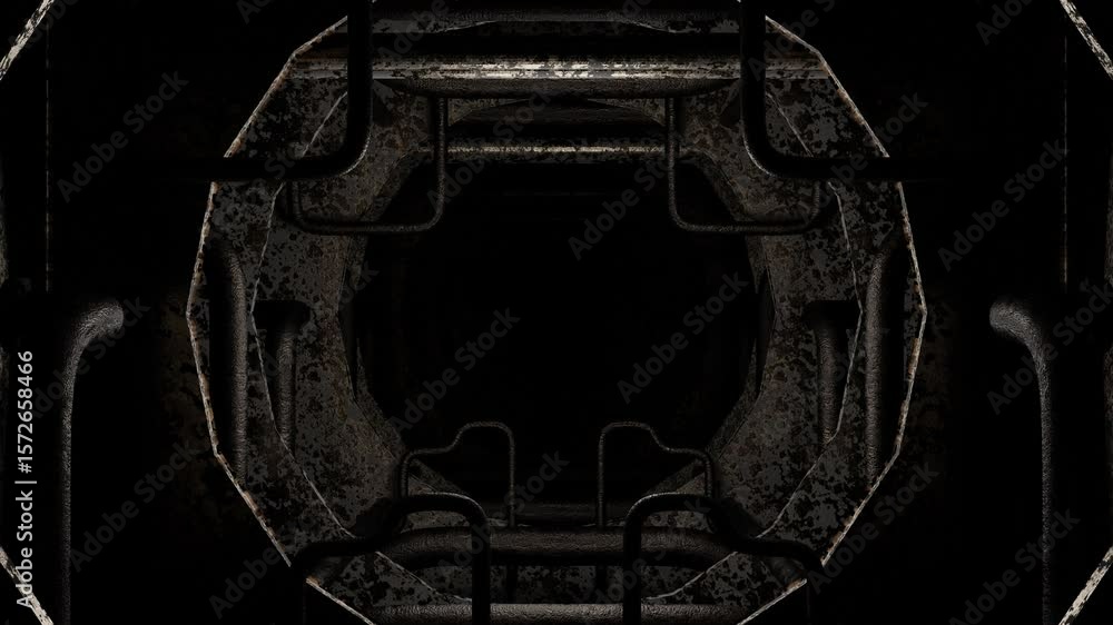 Poster camera fly forward inside dark gloomy tunnel with old rusty pipes. 3d render looped animation