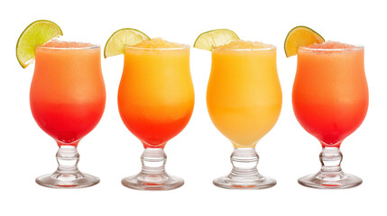 Four refreshing cocktails in hurricane glasses isolated on white background