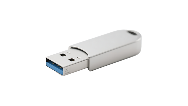 Transparent PNG USB Flash Drive, Realistic 3D Render of a Sleek White USB Drive with Blue Connector, Isolated on Transparent Background for Easy Design Integration