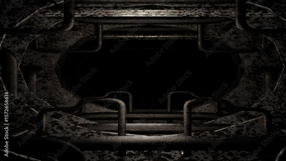 Aufkleber camera fly forward inside dark gloomy tunnel with old rusty pipes. 3d render looped animation