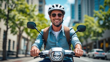Smiling man wearing a helmet and sunglasses, happily riding a modern scooter through a vibrant city street on a sunny day