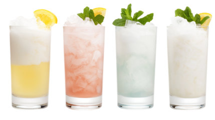 Variety of colorful crushed ice drinks garnished with fresh mint and lemon slices isolated on white background