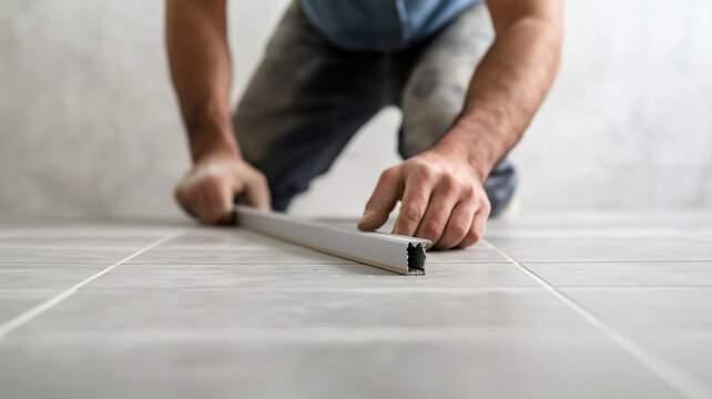 Construction worker checking tile level with aluminum straightedge during floor tiling, ensuring precise alignment and a smooth surface - Powered by Adobe