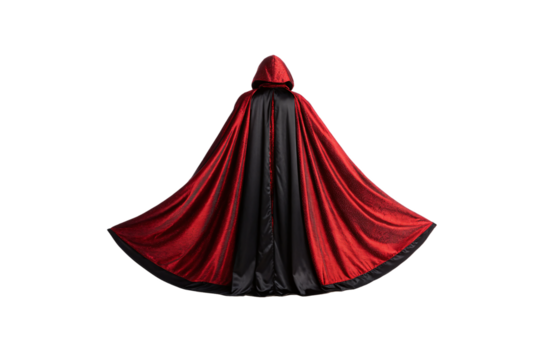 Luxurious red velvet hooded cloak with black lining and dramatic sweep perfect for costume or formal wear, isolated on a transparent background