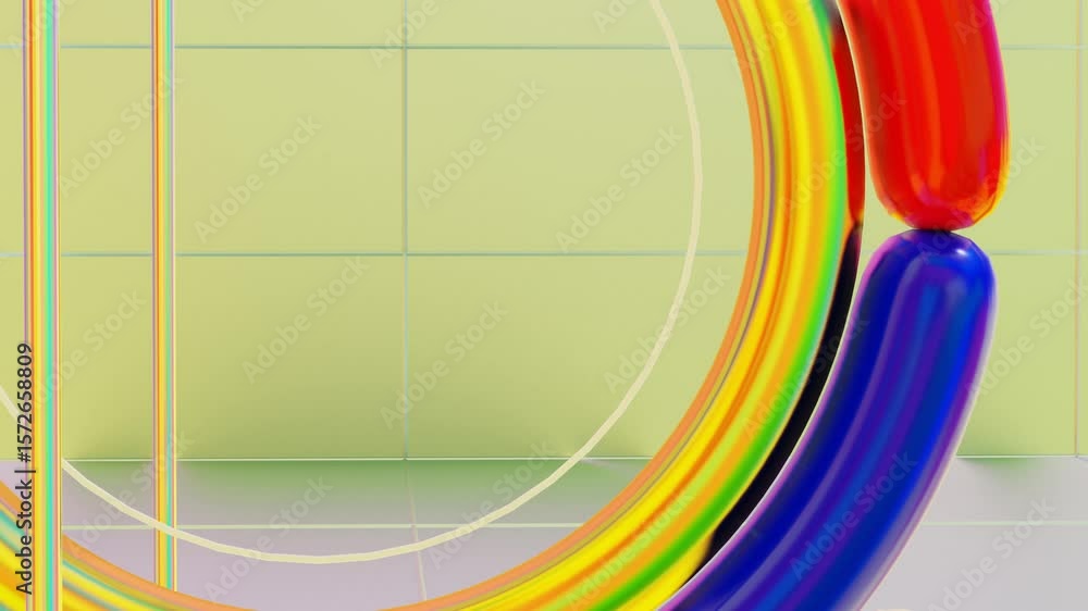 Poster abstract animated background red blue ring and silver sphere. 3d render looped animation