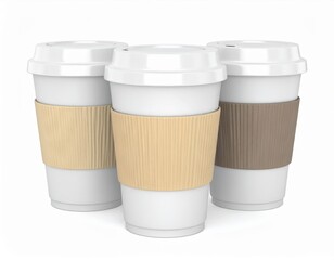 Three Coffee Cups With Paper Sleeves On White Background