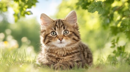 Obraz premium A fluffy tabby kitten lies on grass, surrounded by bright green foliage and soft sunlight, looking curiously at the camera.
