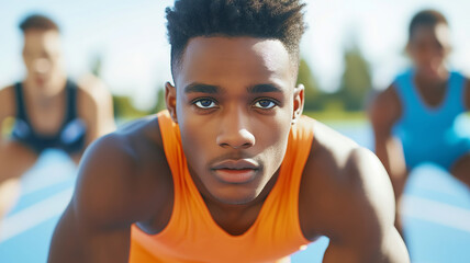 Determined runners crouching at starting line, muscles tensed, awaiting sprint race on vibrant blue track surface