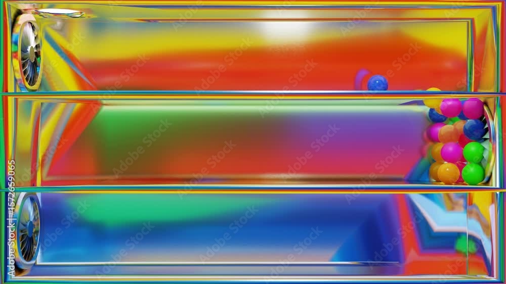 Poster multicolored balls roll under the wind inside a silver box with shelves. 3d render looped animation