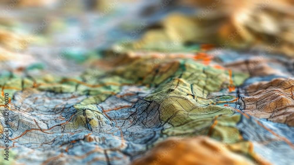 Poster a detailed view of a mountain map with topographic features and trails
