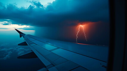 From the window you can see how the plane enters a thundercloud with lightning in the evening
