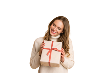 Smiling young woman in cream sweater holding wrapped gift box with red ribbon, isolated on a transparent background