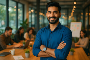 A man standing in a conference room with his arms crossed