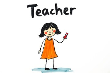 Child’s hand-painted “Teacher” figure with bold black outlines, rough colors, and handwritten text on white background