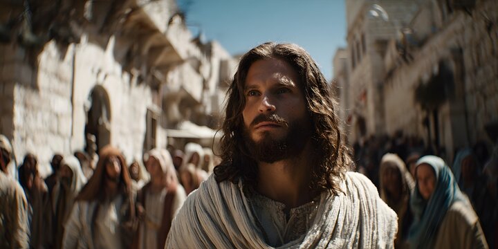 Biblical scene with ancient people walking through historic Middle Eastern town - Powered by Adobe