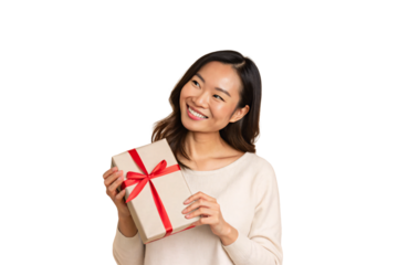 Asian woman in beige knit sweater holding gift box with red ribbon, smiling warmly at camera, isolated on a transparent background