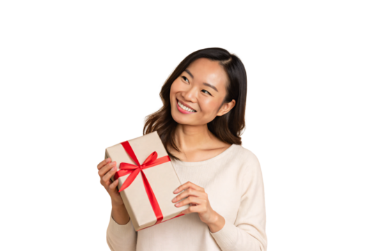 Asian woman in beige knit sweater holding gift box with red ribbon, smiling warmly at camera, isolated on a transparent background