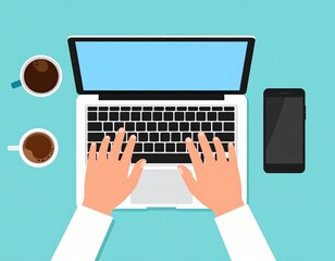 Hands Typing On Laptop With Coffee Cups And Smartphone