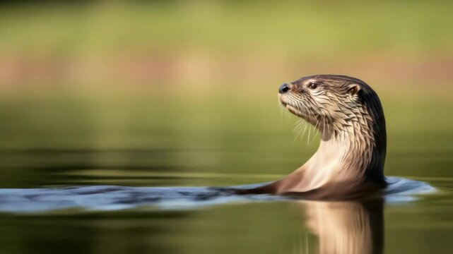 Alert river otter swimming in water with head above surface, surrounded by nature.