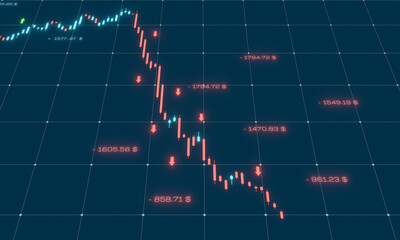 Chart moving down, stock market crash. Bear market, crisis, moving down, loss, risk, investment, business. 3D illustration