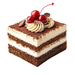 Tiramisu cake slice with cherries isolated on transparent background