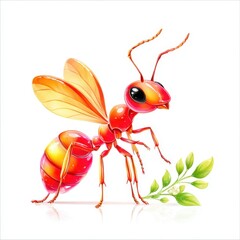 Fototapeta premium Cartoon Red Ant with Wings and Green Leaves on White Background Illustration
